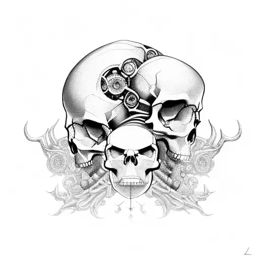 A skull with intricate mechanical details inspired by car engines tattoo design idea