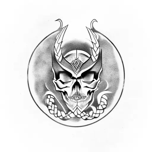 A skull adorned with Viking-inspired carvings and a dragon emerging from its eye sockets tattoo design idea