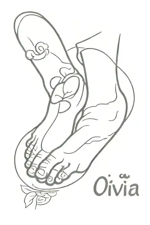 tattoo of baby foot that includes name - Olīvija, date of birth - 02.05.2018, time - 1:00, height - 50cm, weight 3.43kg  tattoo design idea