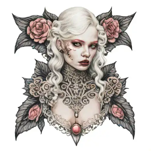 albino girl with pink eyes in lacey fashion tattoo design idea