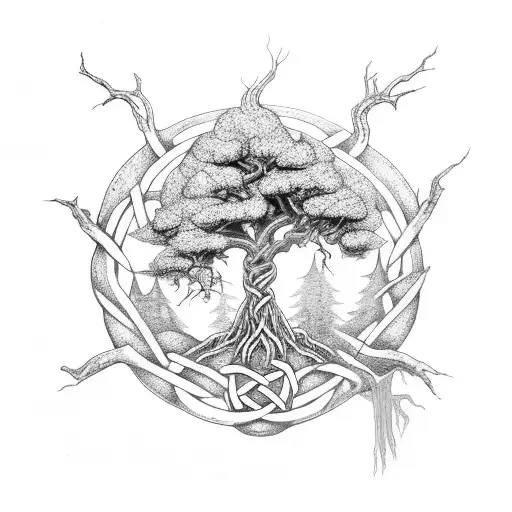yggdrasil with a celtic band going aroud the forearm tattoo design idea