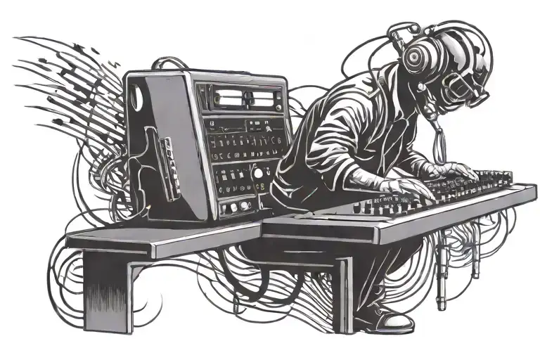 A tattoo design of a silhouette of a concert technician operating a lighting console, with sound waves and laser beams radiating outwards tattoo design idea