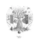 family tree hald burnt with fruit on other side tombstones under tattoo design idea