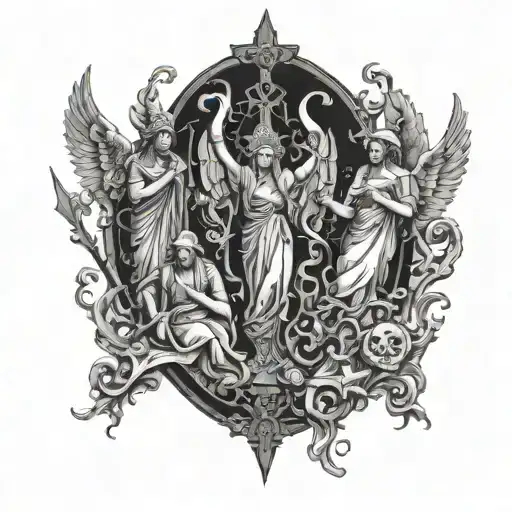biblical theme, angels, church, demons, witch burned at the stake in dotwork style tattoo design idea