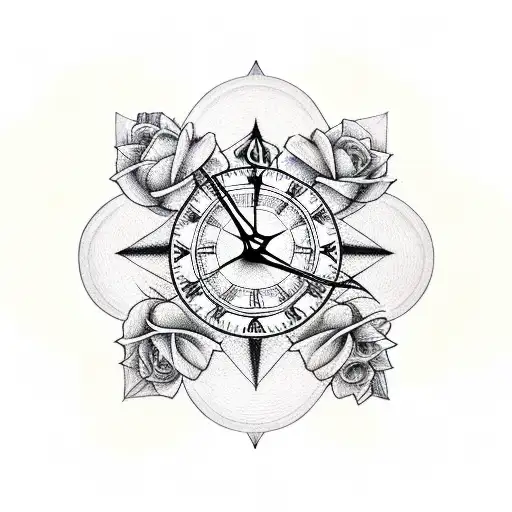 Two roses intertwined with a clock and a compass tattoo design idea