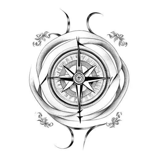A pair of scissors intertwined with two roses, a compass, and a clock tattoo design idea
