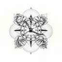 Two roses intertwined with a clock and a compass tattoo design idea