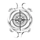 A pair of scissors intertwined with two roses, a compass, and a clock tattoo design idea