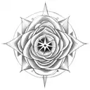 A pair of scissors intertwined with two roses, a compass, and a clock tattoo design idea