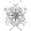 A pair of scissors intertwined with two roses, a compass, and a clock tattoo design idea