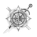 A pair of scissors intertwined with two roses, a compass, and a clock tattoo design idea
