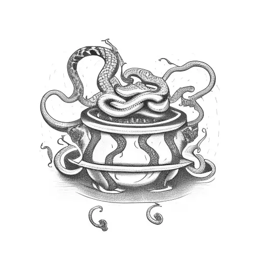A witch's cauldron with snakes emerging from it tattoo design idea
