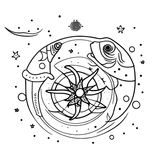 fish picses constellation, waterlily tattoo design idea