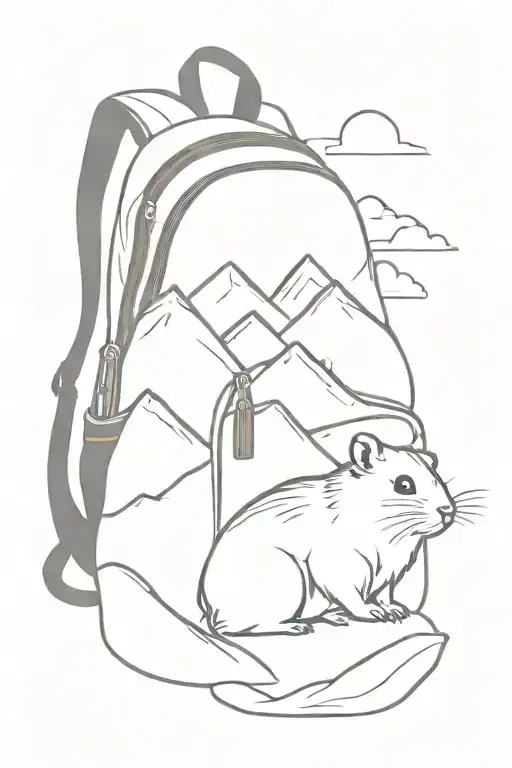 hiking mountain hamster on a mountain peak with backpack tattoo design idea