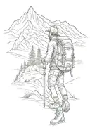 hiking mountain critter with backpack, boots and a hiking pole, with mountain view  tattoo design idea