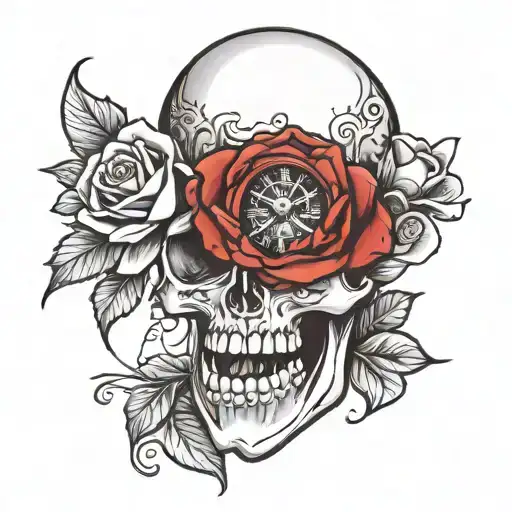 rose clock inside skull tattoo design idea