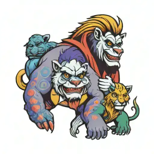 chubby joker with a rainbow gorilla and a white lion tattoo design idea