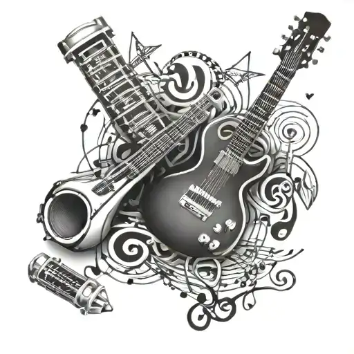 A sleeve tattoo featuring a mix of musical instruments and symbols with a bracelet-like band wrapping around the arm tattoo design idea