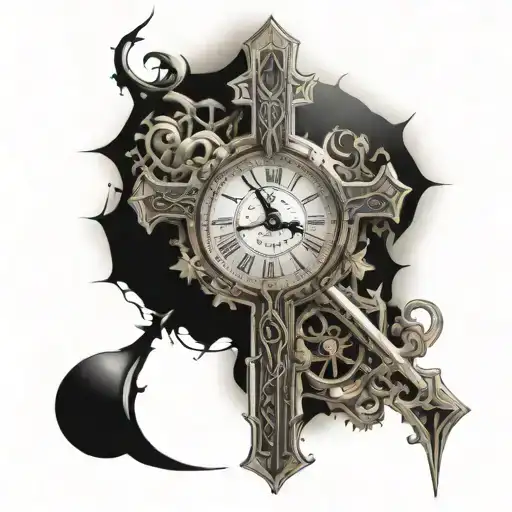 CROSS WITH A CLOCK AND DOLLAR SYMBOL tattoo design idea