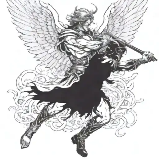 A fierce angel warrior defeating a demon in an epic battle tattoo design idea