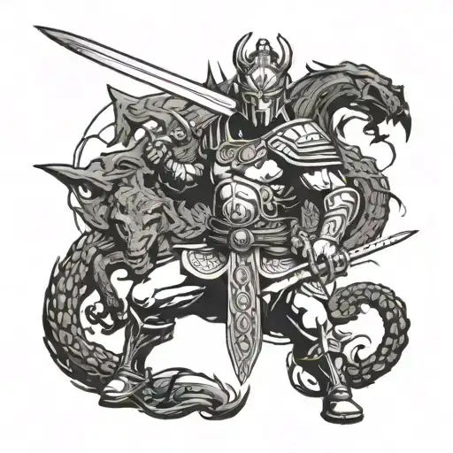 A fierce warrior wielding a sword in battle against a mythical beast tattoo design idea