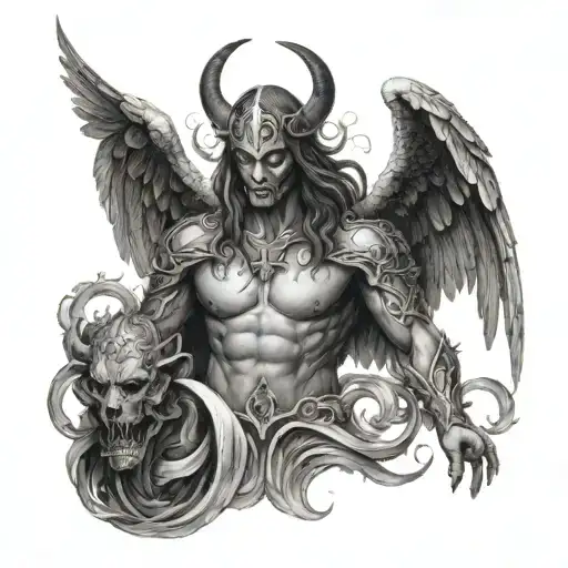 An angelic figure casting out a dark demon with divine power tattoo design idea
