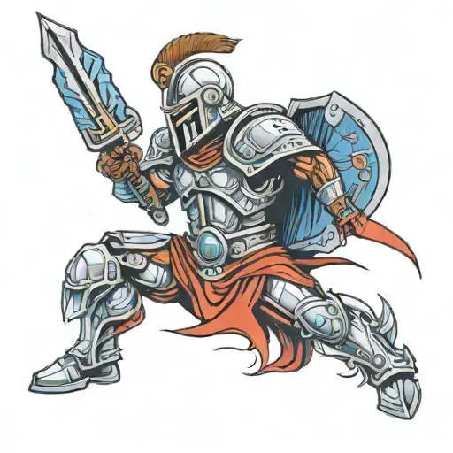 A futuristic version of a Roman warrior with high-tech armor and a laser sword, blending ancient and modern elements tattoo design idea