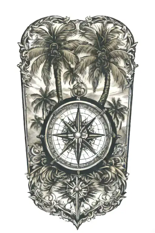 compass and palm trees tattoo design idea