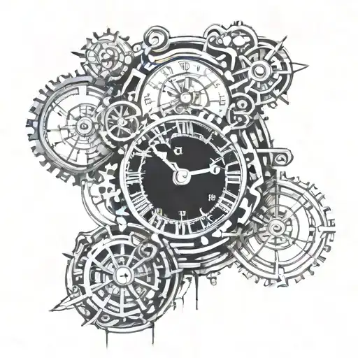 An abstract blackwork piece featuring a clock mechanism blending seamlessly with Roman architectural elements tattoo design idea