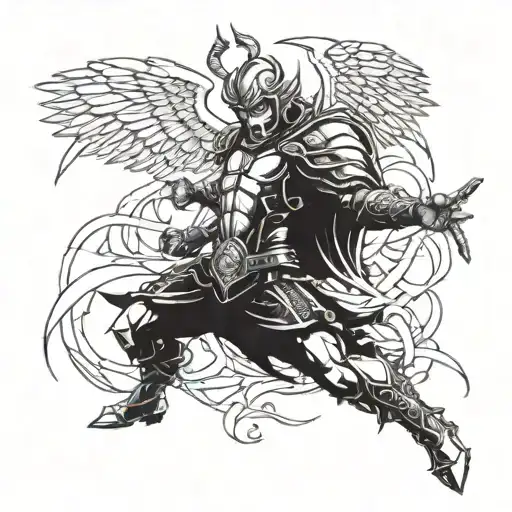 A fierce angel warrior defeating a demon in an epic battle tattoo design idea
