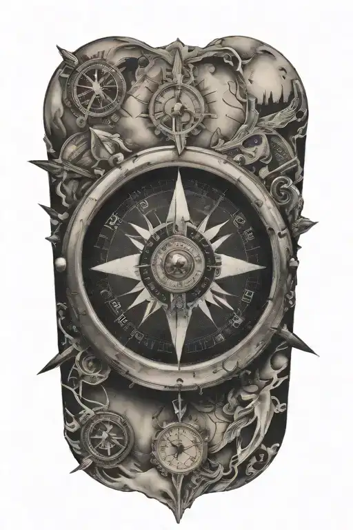 compass with clock and black arrows tattoo design idea
