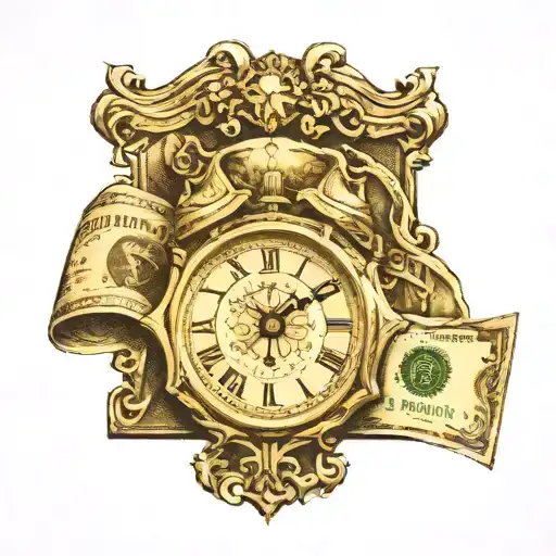 CROSS WITH A CLOCK AND DOLLAR BILL tattoo design idea