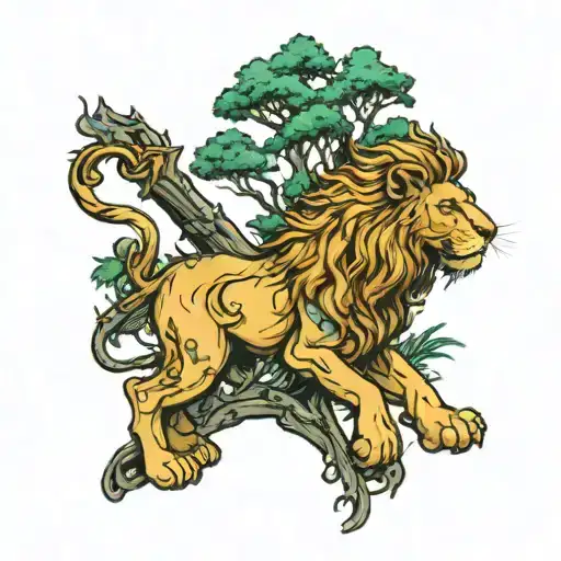 A neo-traditional lion holding a forest scene in its claws tattoo design idea