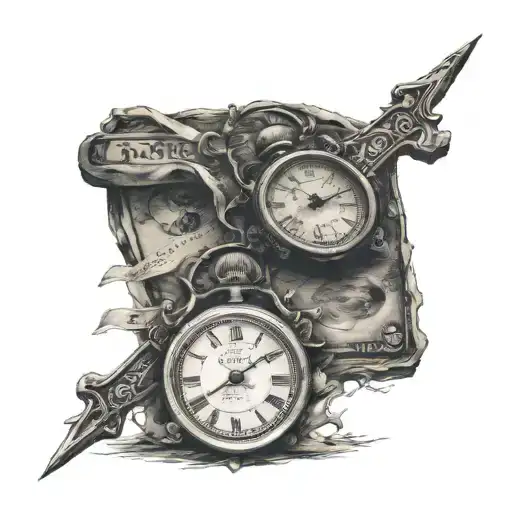 CROSS WITH A CLOCK AND DOLLAR BILL tattoo design idea