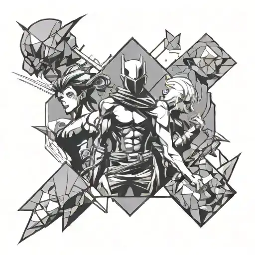 Design a manga comic strip featuring characters interacting with geometric objects tattoo design idea