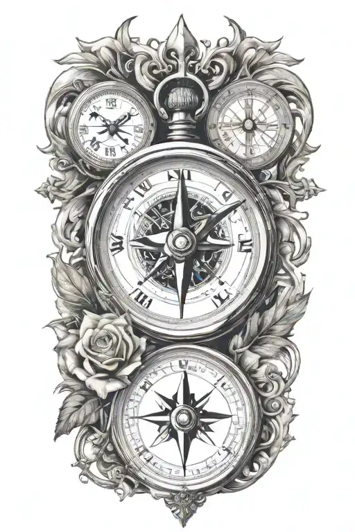 compass with clock tattoo design idea
