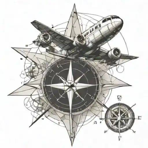 geometric compass with airplane tattoo design idea