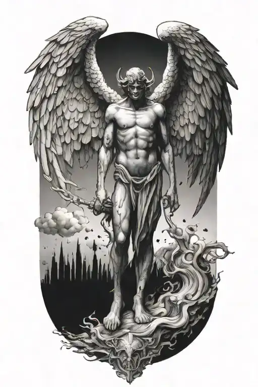 A fallen angel rising up against a powerful demon army tattoo design idea