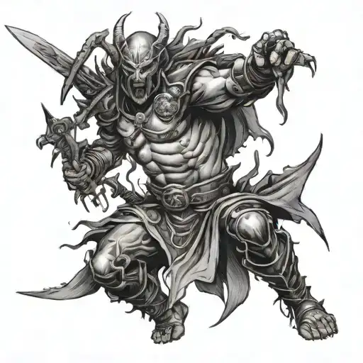 A warrior in a dynamic pose, slashing through a horde of demonic creatures tattoo design idea