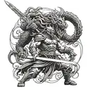 A fierce warrior wielding a sword in battle against a mythical beast tattoo design idea