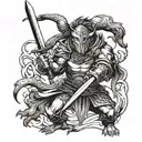 A fierce warrior wielding a sword in battle against a mythical beast tattoo design idea