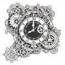 An abstract blackwork piece featuring a clock mechanism blending seamlessly with Roman architectural elements tattoo design idea