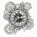 An abstract blackwork piece featuring a clock mechanism blending seamlessly with Roman architectural elements tattoo design idea