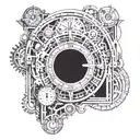 An abstract blackwork piece featuring a clock mechanism blending seamlessly with Roman architectural elements tattoo design idea