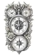 compass with clock tattoo design idea