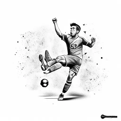 A black and grey tattoo of a soccer player kicking a music note instead of a ball tattoo design idea