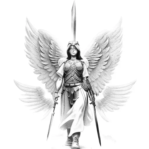 Warrior angel leading soldiers into battle tattoo design idea