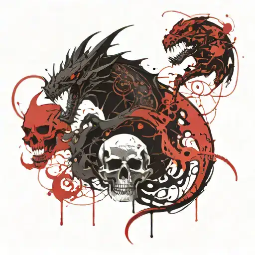 The black dragon next to the black ninja next to the skull tattoo design idea