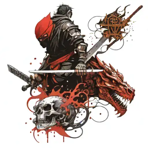 A black ninja with a sword next to a black dragon next to a skull tattoo design idea