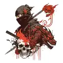 A black ninja with a sword next to a black dragon next to a skull tattoo design idea